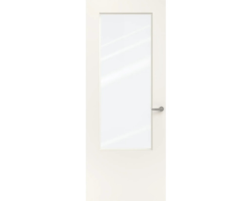 Witte binnendeur met een grote rechthoekige glasopening en een modern zilverkleurig deurbeslag.