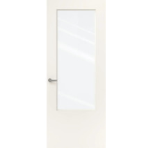 Witte binnendeur met een grote glasopening en een zilverkleurige deurklink.