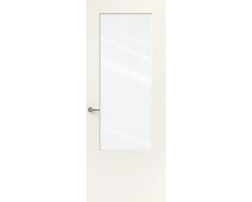 Witte binnendeur met een grote glasopening en een zilverkleurige deurklink.