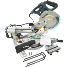 Makita afkort- en verstekzaag met accessoires zoals stofzak, klem en handleiding.