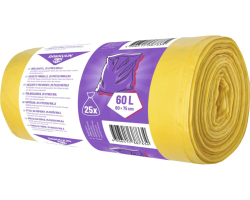 Rakkuun vuilniszakken, 25 stuks op rol, 60 liter inhoud, afmetingen 60 bij 75 centimeter.