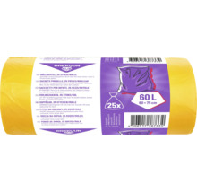 Gele Rakkuun vuilniszakken, 25 stuks per rol, 60 liter, 60 bij 75 centimeter.