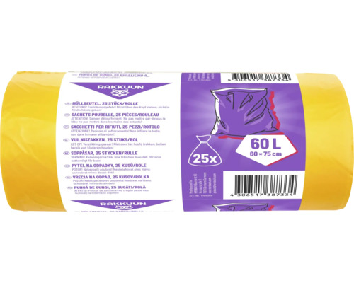 Gele Rakkuun vuilniszakken, 25 stuks per rol, 60 liter, 60 bij 75 centimeter.
