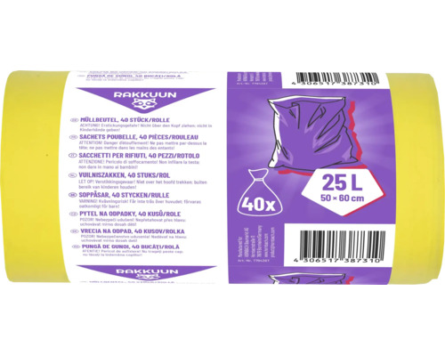 Rakkuun vuilniszakken, 25 liter, 40 stuks per rol, 50 bij 60 centimeter, geel.