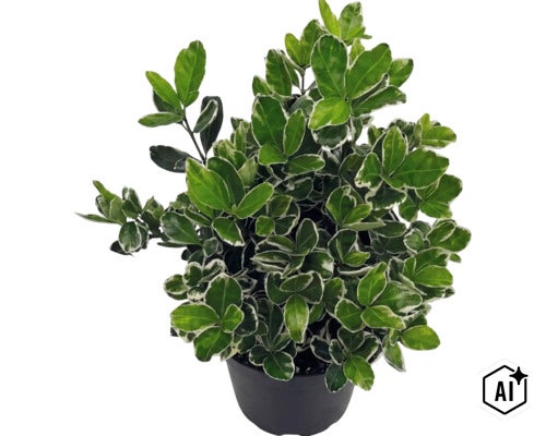 Kardinaalsmuts Euonymus fortunei Emerald Gaiety in een zwarte kunststof pot. (Image AI modified or generated)