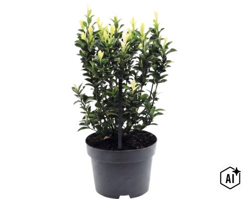 Japanse kardinaalsmuts Paloma Blanca in plantenpot met steunstok. (Image AI modified or generated)
