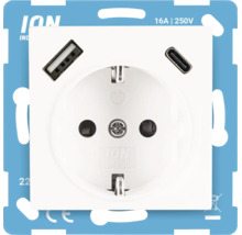Wandcontactdoos met randaarde van ION Industries met één USB-A- en één USB-C-poort, 16 Ampère en 250 Volt.