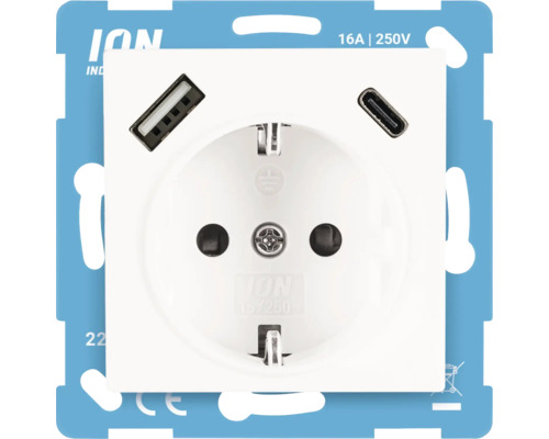 Wandcontactdoos met randaarde van ION Industries met één USB-A- en één USB-C-poort, 16 Ampère en 250 Volt.