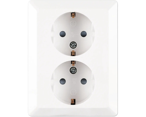 Dubbele wandcontactdoos met randaarde, inbouw, wit, 16 ampère, 250 volt.