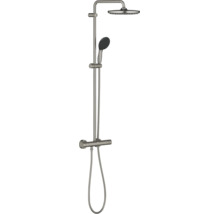 Grohe douchesysteem met thermostaatkraan, hoofddouche en handdouche van metaal.
