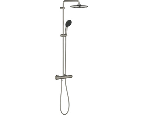Grohe douchesysteem met thermostaatkraan, hoofddouche en handdouche van metaal.