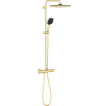 Grohe douchesysteem met thermostaatkraan, hoofddouche en handdouche in metaaloptiek voor wandmontage.