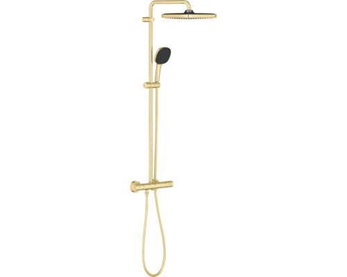 Grohe douchesysteem met thermostaatkraan, hoofddouche en handdouche in metaaloptiek voor wandmontage.