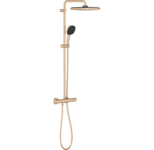 Douchesysteem met thermostaatkraan, hoofddouche en handdouche in metallic look voor wandmontage.