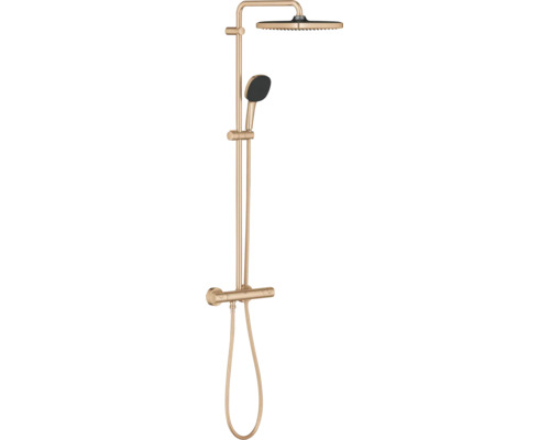 Douchesysteem met thermostaatkraan, hoofddouche en handdouche in metallic look voor wandmontage.
