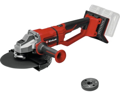 Einhell Professional accu haakse slijper in rood en zwart met borstelloze motor, extra handgreep en snelspanmoer.
