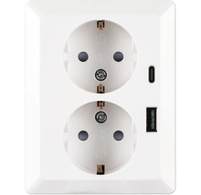 Dubbel geaard stopcontact met één USB-C- en één USB-A-poort voor inbouwmontage.