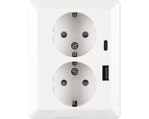 Dubbel geaard stopcontact met één USB-C- en één USB-A-poort voor inbouwmontage.
