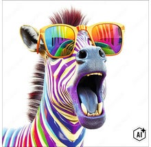 Kleurrijke zebra met zonnebril en open bek, portret met bonte strepen en gespiegelde glazen. (Image AI modified or generated)