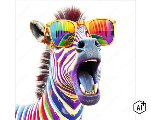Kleurrijke zebra met zonnebril en open bek, portret met bonte strepen en gespiegelde glazen. (Image AI modified or generated)