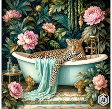 Fotobehang met een luipaard in een vrijstaand bad, omringd door grote roze pioenrozen en groene junglebladeren. (Image AI modified or generated)