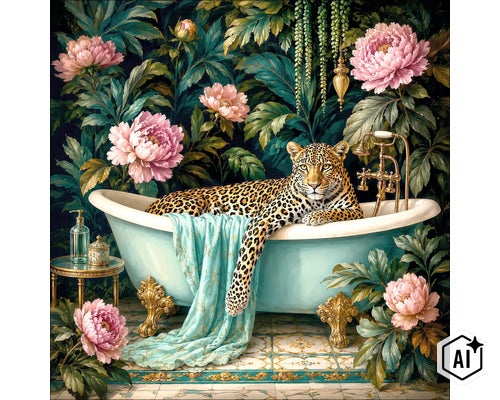 Fotobehang met een luipaard in een vrijstaand bad, omringd door grote roze pioenrozen en groene junglebladeren. (Image AI modified or generated)