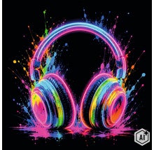 Artistieke weergave van een over-ear hoofdtelefoon met kleurrijke verfspatten en lichtgevende neoncontouren. (Image AI modified or generated)