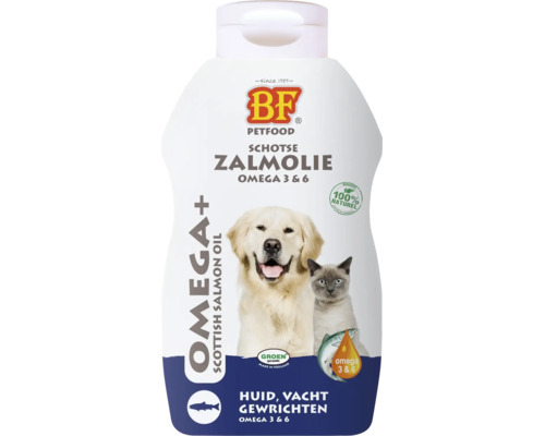 BF PETFOOD Logo, Schotse zalmolie voor honden en katten, Omega 3 en 6, voor huid, vacht en gewrichten, 100 procent natuurlijk.