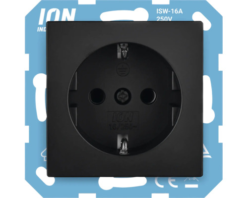 Zwarte ION INDUSTRIES wandcontactdoos met randaarde en afdekraam, 16 Ampère, 250 Volt