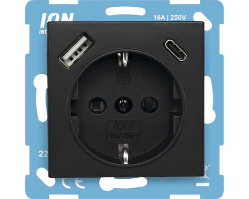 ION Industries wandcontactdoos met randaarde, USB-A en USB-C aansluiting, 16 Ampère, 250 Volt, zwart.
