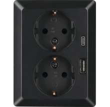 Zwart dubbel stopcontact met geïntegreerde USB-A- en USB-C-poort.