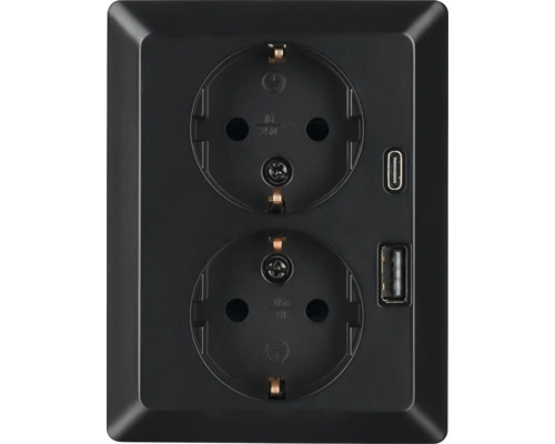 Zwart dubbel stopcontact met geïntegreerde USB-A- en USB-C-poort.