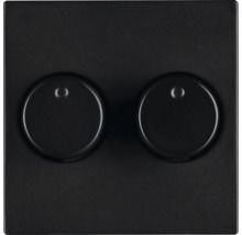 Tweevoudige draaidimmer met vierkante afdekplaat en twee ronde draaiknoppen.