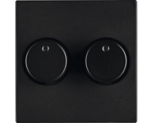 Tweevoudige draaidimmer met vierkante afdekplaat en twee ronde draaiknoppen.