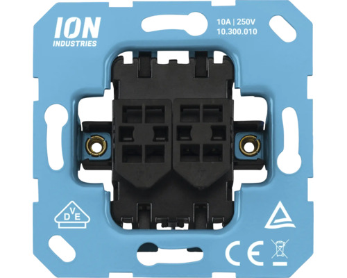 ION Industries dubbele schakelaar basiselement met lichtblauwe metalen draagring, 10 Ampère, 250 Volt.