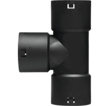 Zwart T-stuk van kunststof, 90 graden, diameter 80 millimeter, voor drainagesystemen.