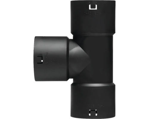 Zwart T-stuk van kunststof, 90 graden, diameter 80 millimeter, voor drainagesystemen.