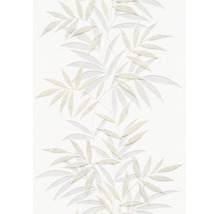 Gestructureerd vliesbehang met floraal bamboe bladmotief voor een natuurlijke wandafwerking in de woonkamer.