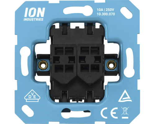 Inbouwschakelaar-inzetstuk van ION Industries met VDE- en CE-keurmerk, geschikt voor 10 Ampère en 250 Volt.