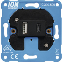 ION Industries USB-inbouwcontactdoos met een USB-A en een USB-C aansluiting op montageframe.