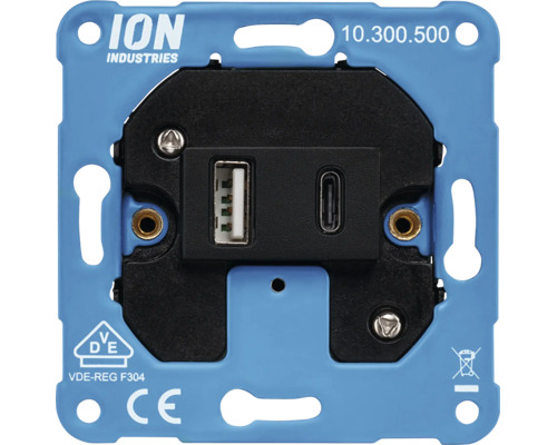 ION Industries USB-inbouwcontactdoos met een USB-A en een USB-C aansluiting op montageframe.