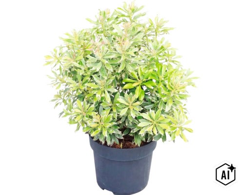 Rotsheide Pieris japonica met bontgekleurde wit-groene bladeren in een zwarte kunststof pot. (Image AI modified or generated)
