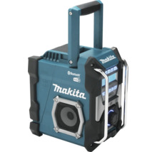 Robuuste Makita bouwradio met Bluetooth, digitale radio-ontvangst, handgreep en beschermbeugels. Makita Logo.