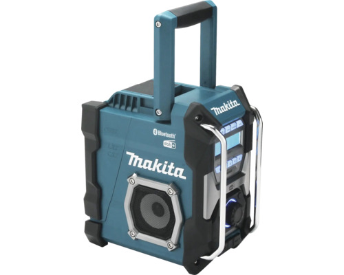 Robuuste Makita bouwradio met Bluetooth, digitale radio-ontvangst, handgreep en beschermbeugels. Makita Logo.