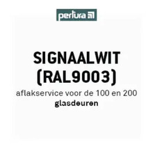 Pertura Logo met informatie over de aflakservice voor de 100 en 200 glasdeuren in signaalwit RAL 9003.