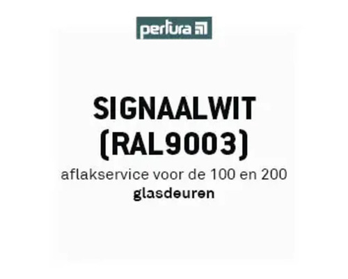 Pertura Logo met informatie over de aflakservice voor de 100 en 200 glasdeuren in signaalwit RAL 9003.