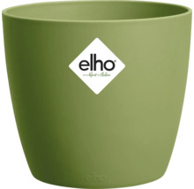 Groene ronde bloempot van kunststof met matte afwerking en elho Logo.