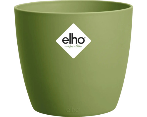 Groene ronde bloempot van kunststof met matte afwerking en elho Logo.