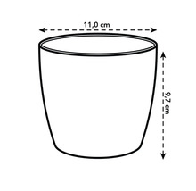 Maattekening van een bloempot met een diameter van 11,0 centimeter en een hoogte van 9,7 centimeter.