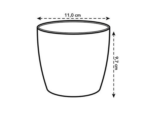 Maattekening van een bloempot met een diameter van 11,0 centimeter en een hoogte van 9,7 centimeter.